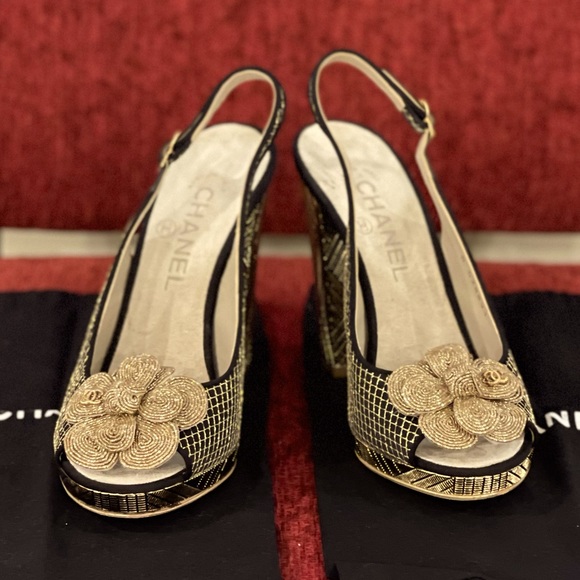 CHANEL Shoes - Auth CHANEL Lattice Camellia Slingback Pumps with Dust Bags and Shoe Box